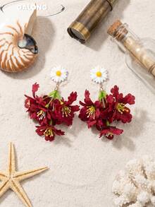 Spring Vibe Earrings, French Gentle Style White Daisy Earrings, Cream Yellow Small Flower Silver Chain Dangle Earrings, Fresh And Ethereal Fairy Style - Red - View 4