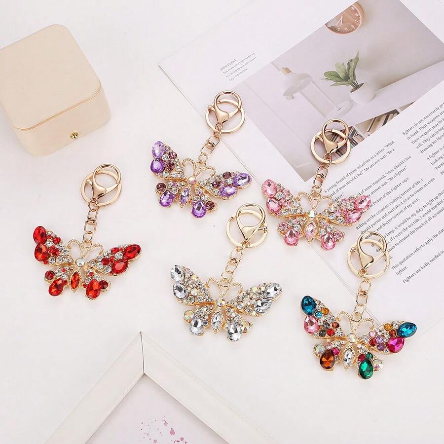 1Pc Gold Trim Multicolor Bling Rhinestone Butterfly Key Pendant Portable Decorative Key Accessory For Daily Matching - Multicolor - View 1