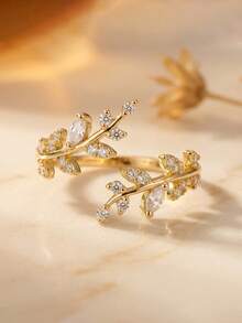 Gift Box Style Gold Leaf & Branch Rhinestone Ring, Adjustable Open Design, Nature-Inspired Elegant Women's Jewelry - Gold - View 4