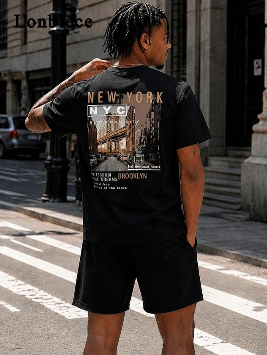 Lonblece 2 Chiếc/Bộ Áo Thun Ngắn Tay In Hình Nam Kèm Quần Short Thoáng Khí, Trang Phục Đường Phố Thường Ngày, Thích Hợp Cho Mùa Xuân/Hè - màu đen - Xem 1