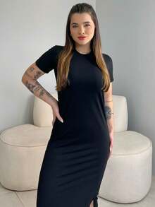 Women's Basic Plain Casual Premium Cotton Midi Blogger Dress - Black - View 4