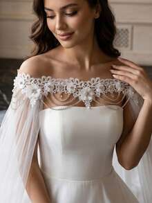 Off-Shoulder Lace Floral Rhinestone Chain Long Train Bridal Cape, Sheer Wedding Shawl - Multicolor - View 2