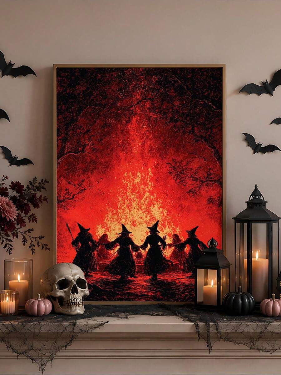 1pc Framed Canvas Wall Art, Vintage Red Fire Witch Gathering, Four Witches Holding Hands In Dark Forest, Gothic Dark Academia Eerie Halloween Witch Atmosphere Wall Decor - Campfire Witch - View 1