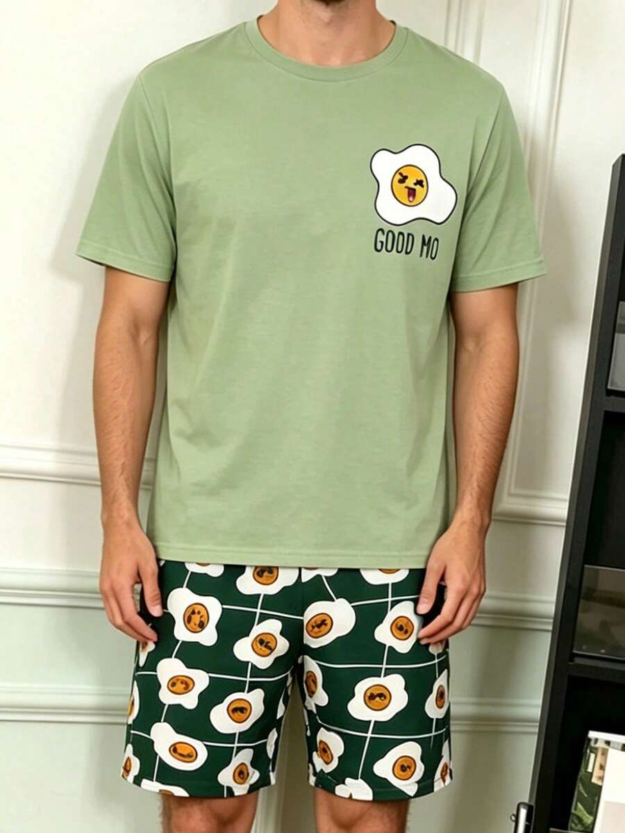 Men's Summer Pajama Set, Round Neck Simple Fried Egg Print Short Sleeve Top And Shorts Loungewear - Multicolor - View 1