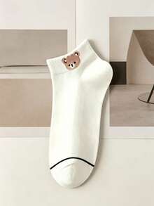 5 Pares de Meias Curtas com Estampa de Urso de Desenho Animado, Estilo Japonês Minimalista, Algodão, Casual, Esportivas, Cano Baixo, para Mulheres - Multicolorido - Visão 8