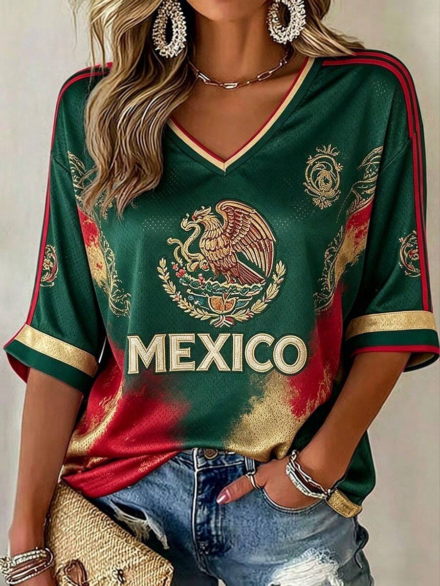 Camiseta de mujer con estampado 3D, manga tres cuartos y cuello en V, temática de la Copa de México. - Verde militar - Ver 1