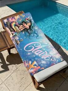 Personalized Mermaid Beach Towel, Customized Name Soft Towel, Cartoon Mermaid Ocean Theme Pattern - Multicolor - View 7