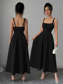 Women's Plain Red Maxi Dress For Summer 2025, Perfect For Valentine's Day Or Holidays, Featuring Ruffles At The Front, A Bow, An Asymmetrical Neckline, And A Slimmed Waist - 黑色 - 查看 1