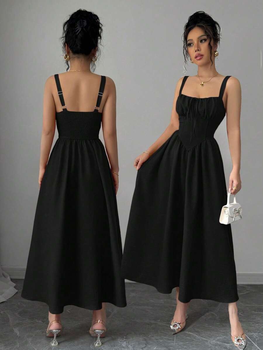 Women's Plain Red Maxi Dress For Summer 2025, Perfect For Valentine's Day Or Holidays, Featuring Ruffles At The Front, A Bow, An Asymmetrical Neckline, And A Slimmed Waist - 黑色 - 查看 1