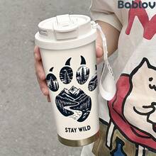 1/5個 18盎司不鏽鋼保溫咖啡隨行杯，Stay Wild 熊掌山林森林印花旅行杯，多功能翻蓋杯蓋附吸管，白色 COFFEE 掛繩，適合戶外露營愛好者的理想禮物，適用於徒步、辦公室與日常使用 - 熊爪 - 查看 2