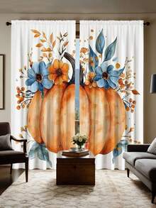 2PCS Artistic Pumpkins And Flowers Print Light Sheer Curtains,Semi-Sheer For Privacy Protection. Easy Rod Pocket Installation, Quick-Dry,Fade-Resistant After Washing, Lightweight And Washable. Ideal For Home, Room And Kitchen Decor & Space Dividers. - Multicolor - View 7