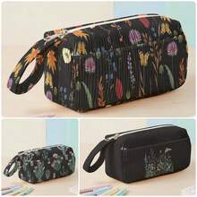 1pc Dark Floral Print Corduroy Foldable Pencil Case With Side Pocket And Handle, Multi-Purpose School And Travel Essential Storage Bag - Multicolor - View 2