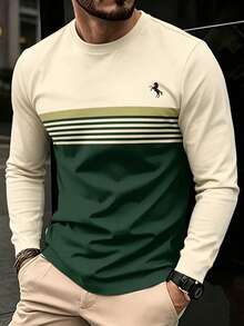 Tennis Men's Business Commute Colorblock Striped Long Sleeve T-Shirt, Minimalist Horse Embroidery Crew Neck, Golf, Fall - Multicolor - View 3