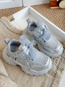 1 Pair Girls' Silver Sequin Mesh Bow Thick Sole Dad Sneakers, Luxury Fairy Princess Style, Suitable For School, Party, Travel And Multiple Occasions - Silver - View 7