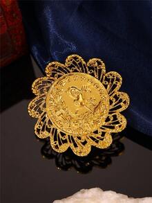 1pc Vintage Palace Style Women's Ring, Floral Hollow Carved Design With Ottoman Coin, Extra Wide Band, Jewelry Accessory For Women's Wedding And Banquet - Gold - View 4