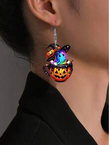 1 Pair Halloween Rainbow Magic Ghost Pumpkin Acrylic Earrings, Quirky Fashion High-End Ear Pendants, European And American Creative Pumpkin Head Ghost Pendant, Asymmetrical Design Stud Earrings For Women - Multicolor - View 12