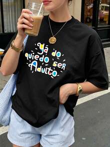 Playera de Algodón Cuello Redondo Dibujos Blusas para Mujer Ropa Deportiva de Mujer  Mujer Casual Deportes Cómoda Nueva Prenda Holgada Suave Verano blusas para mujer - Negro - Ver 1