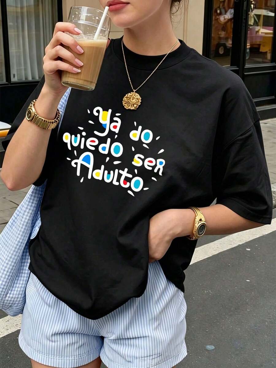 Playera de Algodón Cuello Redondo Dibujos Blusas para Mujer Ropa Deportiva de Mujer Mujer Casual Deportes Cómoda Nueva Prenda Holgada Suave Verano blusas para mujer - Negro - Ver 1