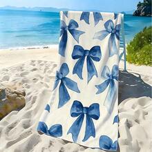 1 pieza Toalla de playa con lazo azul acuarela - Microfibra suave, secado rápido, tonos sofisticados de azul marino y cielo, diseño decorativo caprichoso, adecuada para viajes, natación, piscina, yoga, lavable a máquina - Multicolor - Ver 3
