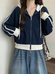 YCYC Korean Style Women's Sweatshirt, Early Spring Autumn Winter Patchwork Colorblock Sporty Casual Top Jacket - Navy Blue - View 4