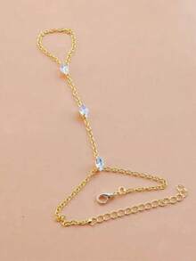 1pc Minimalist Crystal Leaf Linked Finger Chain, Bridal Wedding Finger Bracelet - Gold - View 2