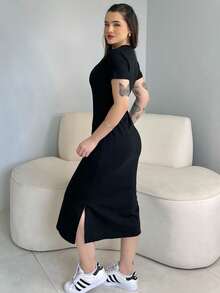 Women's Basic Plain Casual Premium Cotton Midi Blogger Dress - Black - View 2