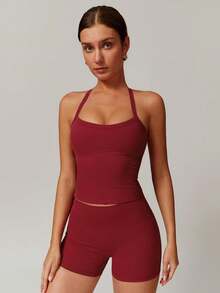 OMEWEE Conjuntos de yoga para mujer,sujetador deportivo con tiras sin espalda y leggings sin costuras, conjuntos deportivos a juego para correr - Rojo 1 - Ver 5