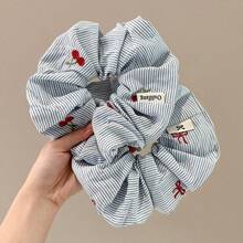 1/2 Pieces Set, Blue Striped Cherry & Bow, Premium Minimalist Style Hair Scrunchies For Girls - Multicolor - View 1