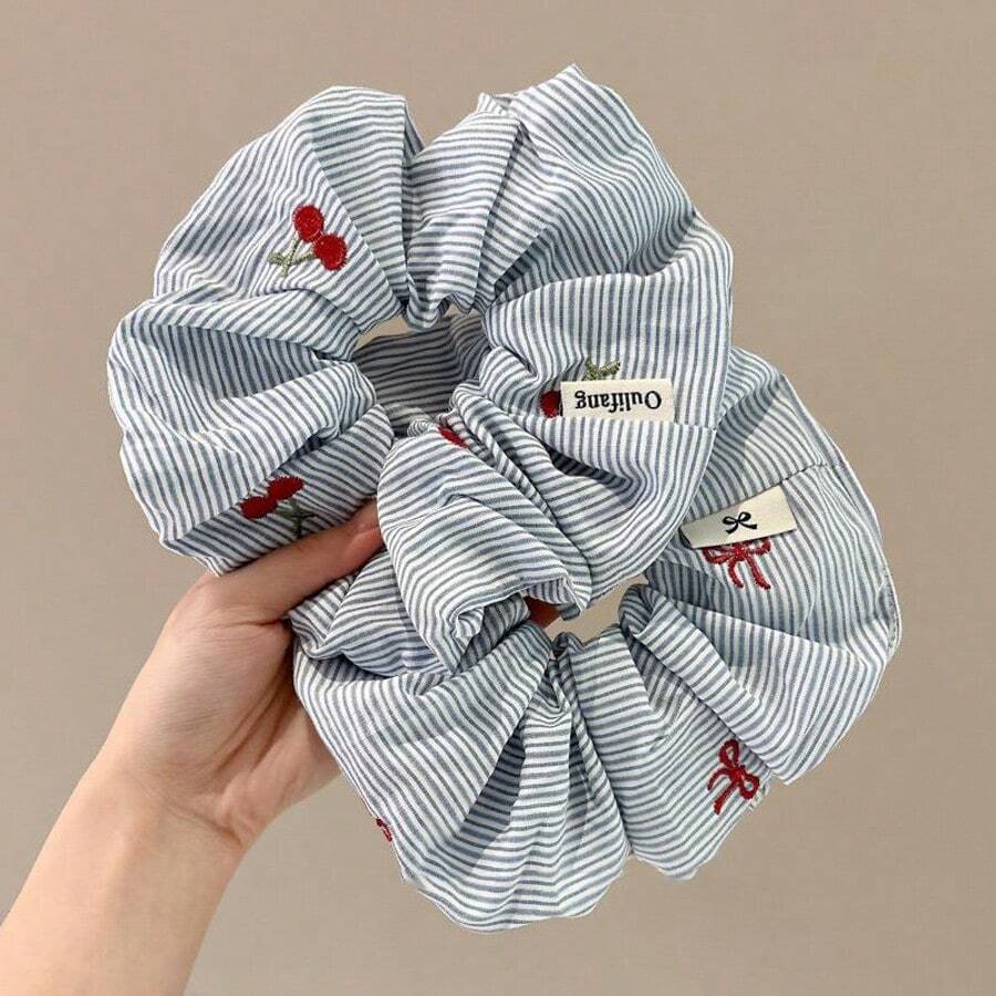 1/2 Pieces Set, Blue Striped Cherry & Bow, Premium Minimalist Style Hair Scrunchies For Girls - Multicolor - View 1