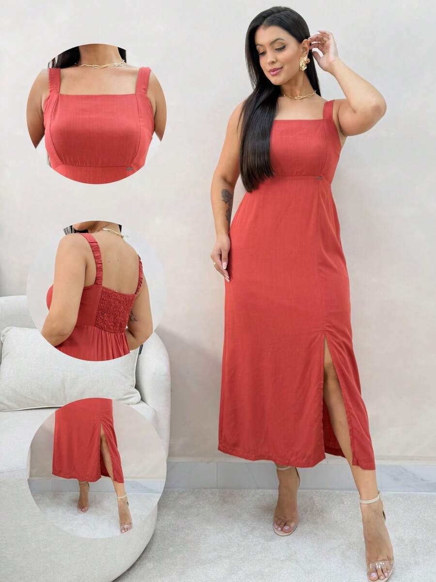 Elegant Long Dress With Slit, Elasticated Waistband, And Viscose Lining - Perfect For Parties, Weddings, And Graduations. - 亮橙色 - 查看 1