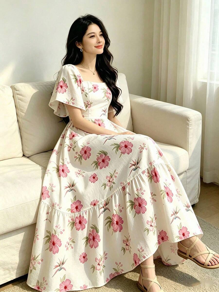 Turtle Leaf, Coconut Tree, Scattered Leaf And Small Flower Plant Silhouette, Square Neck Short Sleeve Dress With Ruffle Design At Hem, Summer Vacation Style - Multicolor 2 - View 1