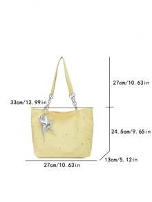 1pc Star Pendant Decor Star Pattern Polyester Fiber Large Capacity Zipper Fashion Shoulder Bag Suitable For Women's Daily Use - Yellow - View 2