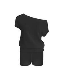 Women's Casual Beach Set - Solid Color Off-Shoulder Knit Top And Straight Leg Shorts, Suitable For Spring And Summer Wear - Black - View 1