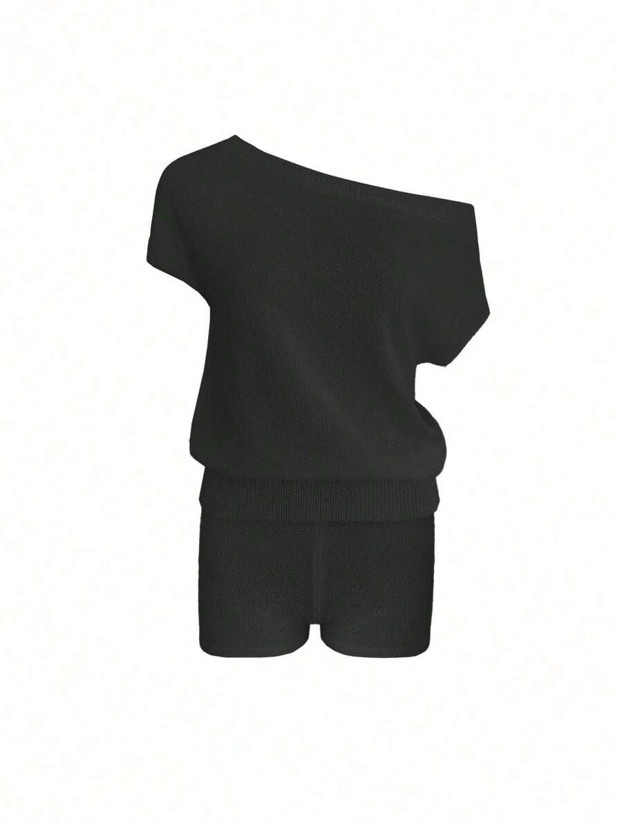 Women's Casual Beach Set - Solid Color Off-Shoulder Knit Top And Straight Leg Shorts, Suitable For Spring And Summer Wear - Black - View 1