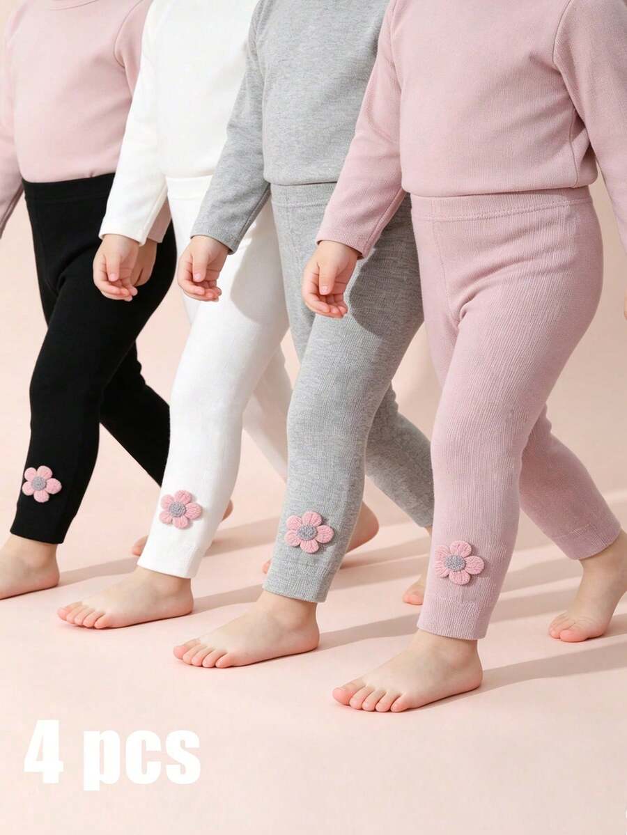 4件組女嬰短版緊身褲,附花朵飾品,可愛優雅,適合四季日常穿著 - 彩色 - 查看 1