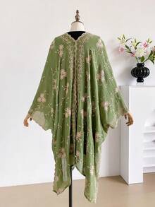 1件優雅花卉圖案波希米亞刺繡開襟披肩女款和服式圍裙 春夏外穿沙龍罩衫 海灘度假防曬刺繡開襟衫 時尚百搭奢華裝飾款 適合日常穿著 送禮首選 - 綠色 - 查看 3