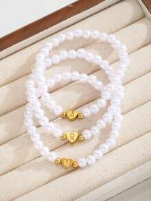 1pc Bohemian Exquisite Kawaii Mini Gold Heart Initial Pendant With Faux Pearl Handmade Beaded Bracelet, Suitable For Women, Girls, Family, Friends, Summer, Travel, Street Fashion Accessory, Perfect For Daily Decoration, Holiday Birthday Gift For Daughter, Granddaughter, Girlfriend - Yellow Gold - View 4