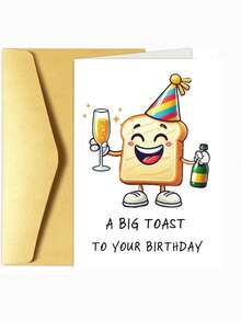 1張趣味生日卡，可愛卡通吐司雙關生日卡，雙關「Toast」葡萄酒慶祝設計，戴派對帽的可愛麵包角色，適合送給朋友、家人與美食愛好者的生日禮物，加厚加大信封與卡片 - 多色 - 查看 2