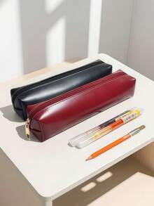 Texture Leather Pencil Case, Simple And High-End Zipper Pencil Case, Large Capacity Student Stationery Storage Bag, Essential For Returning To School - Multicolor - View 2