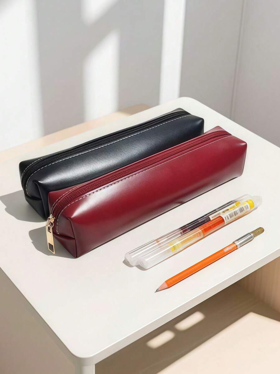 Texture Leather Pencil Case, Simple And High-End Zipper Pencil Case, Large Capacity Student Stationery Storage Bag, Essential For Returning To School