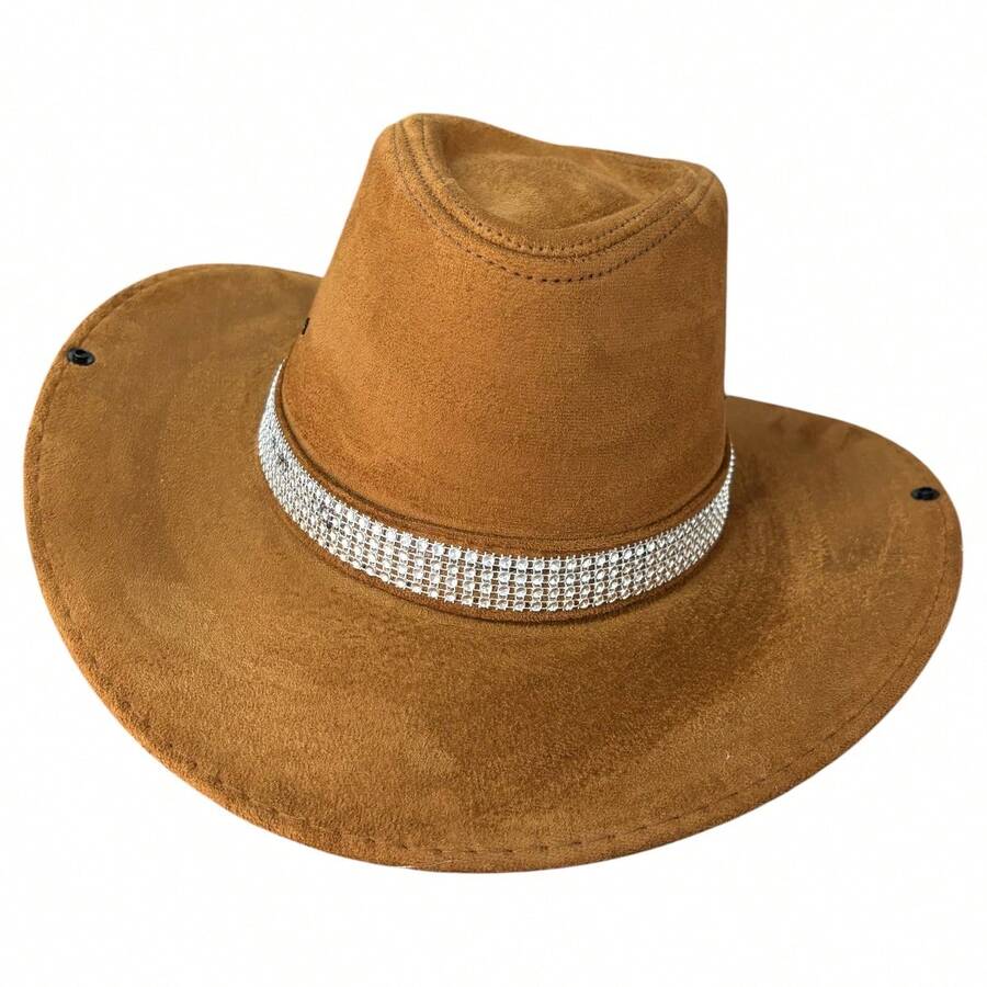 Customized Suede Cowboy Hat With Glitter Stripe - Coklat - View 1