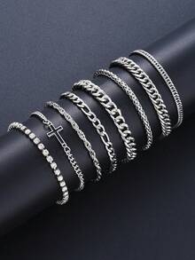 8-Piece Casual And Minimalist Cross Chain Men's Bracelet Set, Suitable For Men's Daily Wear, Birthday And Christmas Gifts - Silver - View 2