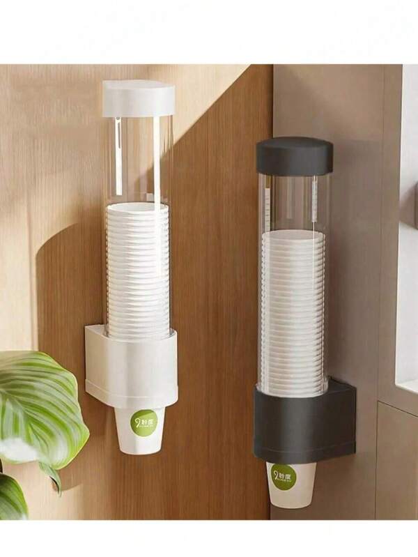 1 pieza Dispensador automático de vasos desechables, sin necesidad de perforar, montado en la pared, de escritorio, estante para vasos de papel a prueba de polvo, dispensador de agua, dispensador de agua para el hogar, estante lateral de almacenamiento de vasos de agua a prueba de polvo de gran capacidad