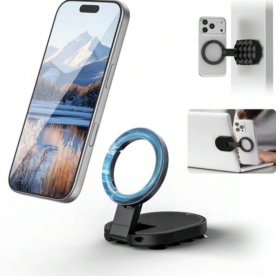 New 3-In-1 Phone Stand, Bionic Octopus Suction Cup And Magnetic Design, Suitable For Most Scenarios, High-Strength Magnet Combined With Stable Suction Cup For Iron Surfaces Or Smooth Surfaces, Portable Travel Stand With Carabiner Design - Black - View 1