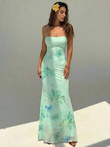 Elegant Women's Dress With Floral Print And Open Back, Summer Clothes, Beach Outfits For Women, Beach Vacation Clothes, Party Outfits, Bridesmaids - 薄荷藍 - 查看 4