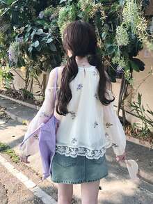 法式風夏日甜美紫藤花刺繡掛脖露肩女款上衣 - 杏色 - 查看 5