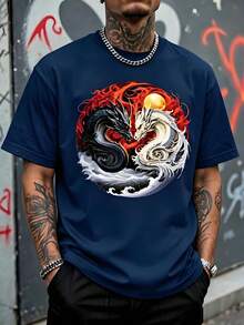 Men's Loose Fit T-Shirt, Realistic Illustration In Oriental Art Style In Yin Yang Circle, A Black Dragon With Red Flames And Golden Sun. - 藏蓝色 - 查看 6