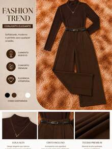 Elegant Women's Winter 2-Piece Set With High-Neck Long-Sleeve Bodysuit And Tailored Trousers + Belt - Winter Fashion - 棕色褲子 - 查看 5