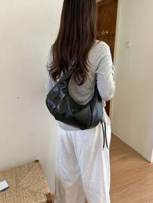 法式時尚百褶純色復古 2026 慵懶個性休閒通勤女款單肩餃子包 - 黑色 - 查看 2