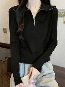 Women's Solid Color Casual Half-Zip Long Sleeve Versatile Minimalist Knit Top - Black - View 5